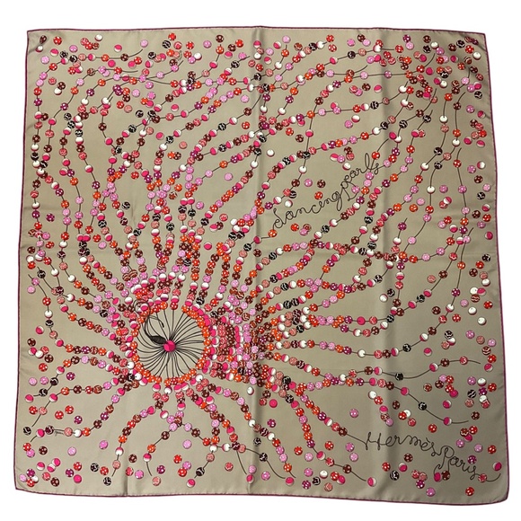 HERMES TAUPE / PINK MULTI DANCING PEARLS PRINT SQUARE SILK TWILL SCARF - Picture 1 of 7